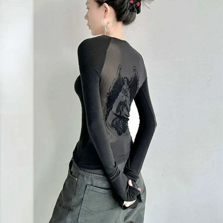 Y2K Retro Angel Print Slim Fit Long Sleeve T-Shirt For Women - Grunge E-Girl Fashion Y2K Retro Angel Print Slim Fit Long Sleeve T-Shirt For Women - Grunge E-Girl Fashion