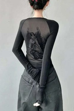 Y2K Retro Angel Print Slim Fit Long Sleeve T-Shirt For Women - Grunge E-Girl Fashion