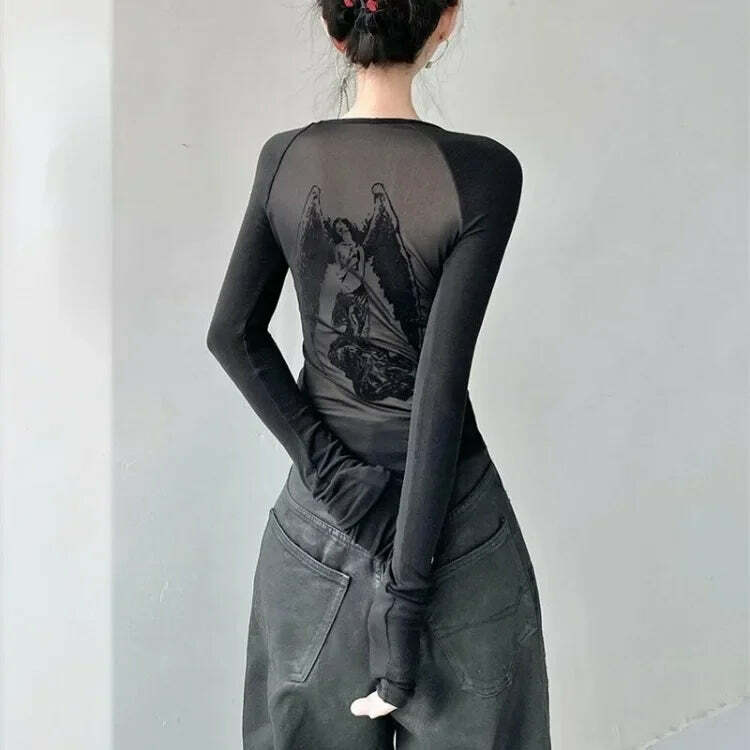 Y2K Retro Angel Print Slim Fit Long Sleeve T-Shirt For Women - Grunge E-Girl Fashion Y2K Retro Angel Print Slim Fit Long Sleeve T-Shirt For Women - Grunge E-Girl Fashion