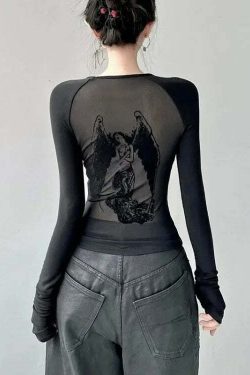 Y2K Retro Angel Print Slim Fit Long Sleeve T-Shirt For Women - Grunge E-Girl Fashion