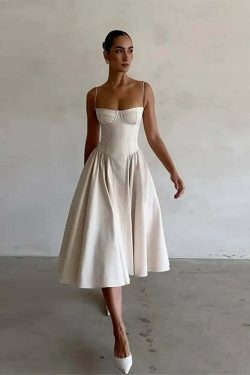 Y2K Sexy Solid Spaghetti Strap Pleated Backless Midi Dress - Elegant Grunge Party Outfit