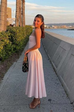 Y2K Sexy Solid Spaghetti Strap Pleated Backless Midi Dress - Elegant Grunge Party Outfit