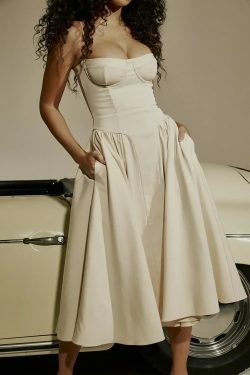 Y2K Sexy Solid Spaghetti Strap Pleated Backless Midi Dress - Elegant Grunge Party Outfit