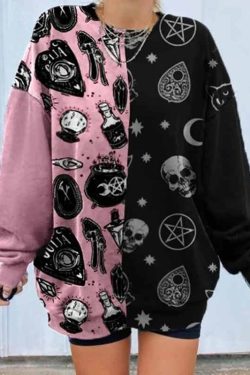 Y2K Skull Print Loose Sweatshirt - 90S Grunge, Retro Goth, Summer Y2K Outfits, Pastel Goth Style