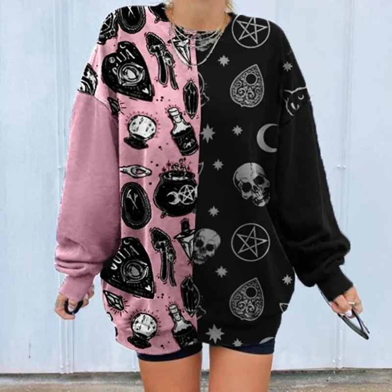 Y2K Skull Print Loose Sweatshirt - 90S Grunge, Retro Goth, Summer Y2K Outfits, Pastel Goth Style