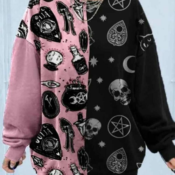 Y2K Skull Print Loose Sweatshirt - 90S Grunge, Retro Goth, Summer Y2K Outfits, Pastel Goth Style