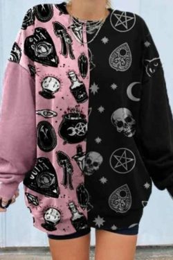 Y2K Skull Print Loose Sweatshirt - 90S Grunge, Retro Goth, Summer Y2K Outfits, Pastel Goth Style