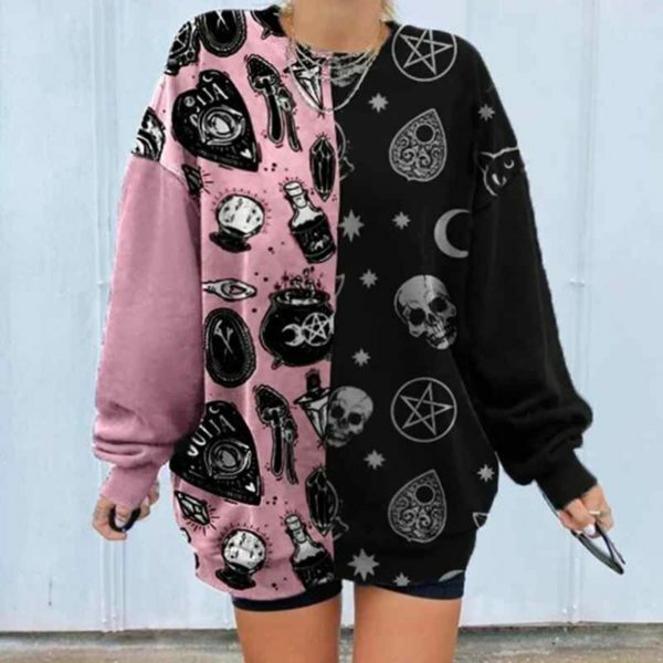 Y2K Skull Print Loose Sweatshirt - 90S Grunge, Retro Goth, Summer Y2K Outfits, Pastel Goth Style