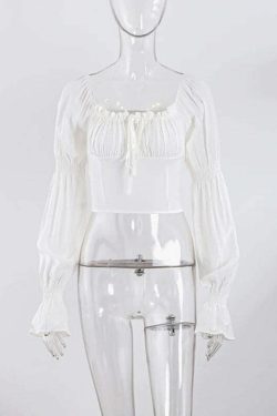Y2K Slash Neck Top - Bubble Sleeves, Korean Spring Fashion, Casual Grunge Blouse, Retro 90S Style