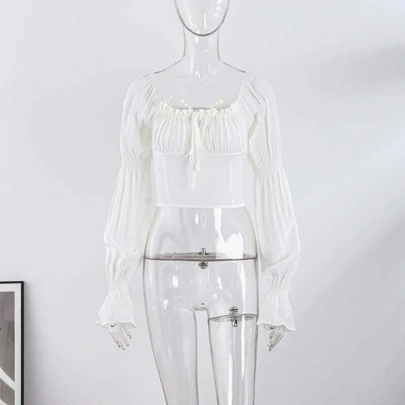 Y2K Slash Neck Top - Bubble Sleeves, Korean Spring Fashion, Casual Grunge Blouse, Retro 90S Style Y2K Slash Neck Top - Bubble Sleeves, Korean Spring Fashion, Casual Grunge Blouse, Retro 90S Style