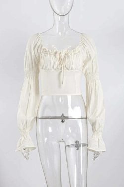 Y2K Slash Neck Top - Bubble Sleeves, Korean Spring Fashion, Casual Grunge Blouse, Retro 90S Style