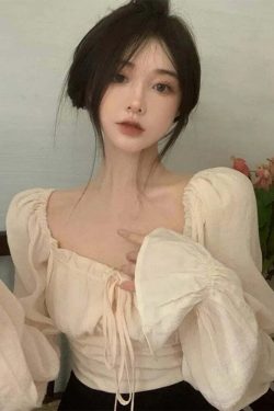 Y2K Slash Neck Top - Bubble Sleeves, Korean Spring Fashion, Casual Grunge Blouse, Retro 90S Style