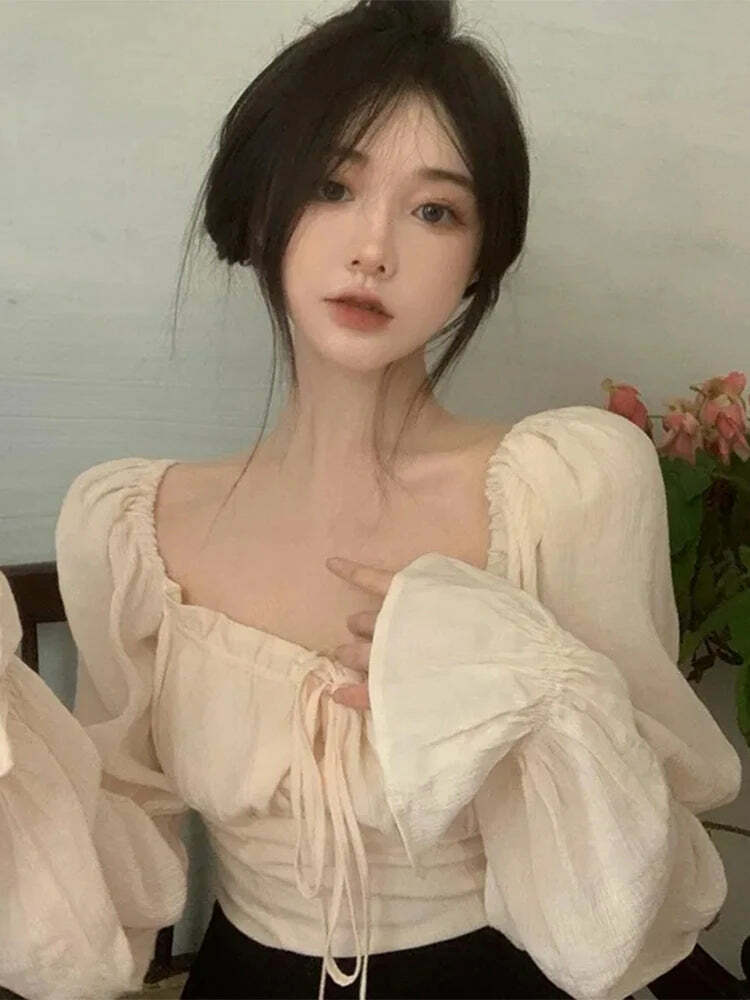 Y2K Slash Neck Top - Bubble Sleeves, Korean Spring Fashion, Casual Grunge Blouse, Retro 90S Style Y2K Slash Neck Top - Bubble Sleeves, Korean Spring Fashion, Casual Grunge Blouse, Retro 90S Style