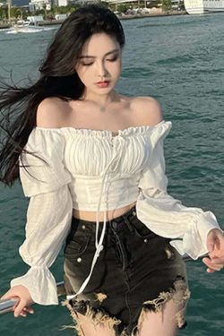 Y2K Slash Neck Top - Bubble Sleeves, Korean Spring Fashion, Casual Grunge Blouse, Retro 90S Style