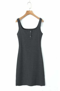 Y2K Square Collar Button-Down Knitted Dress, Slim Waist, French Wide Strap, Summer Grunge Outfit
