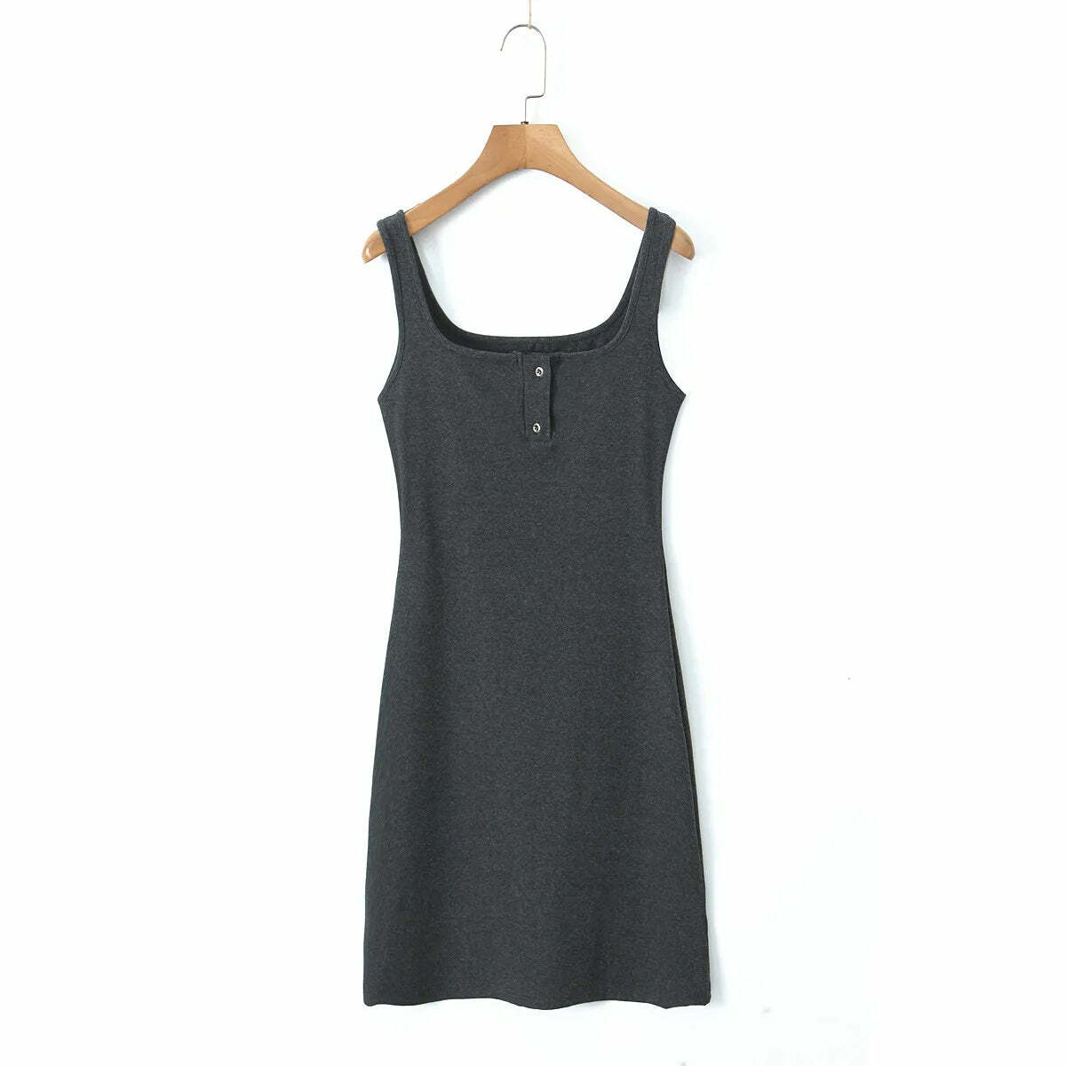 Y2K Square Collar Button-Down Knitted Dress, Slim Waist, French Wide Strap, Summer Grunge Outfit Y2K Square Collar Button-Down Knitted Dress, Slim Waist, French Wide Strap, Summer Grunge Outfit