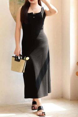 Y2K Square Collar Button-Down Knitted Dress, Slim Waist, French Wide Strap, Summer Grunge Outfit