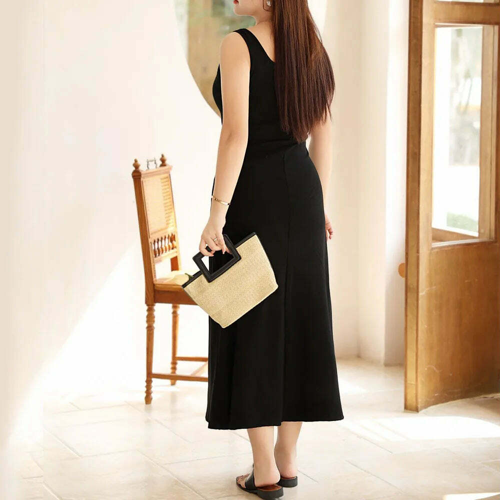 Y2K Square Collar Button-Down Knitted Dress, Slim Waist, French Wide Strap, Summer Grunge Outfit Y2K Square Collar Button-Down Knitted Dress, Slim Waist, French Wide Strap, Summer Grunge Outfit