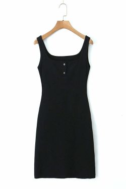 Y2K Square Collar Button-Down Knitted Dress, Slim Waist, French Wide Strap, Summer Grunge Outfit