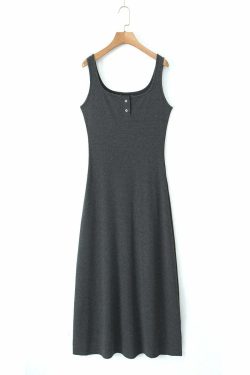 Y2K Square Collar Button-Down Knitted Dress, Slim Waist, French Wide Strap, Summer Grunge Outfit