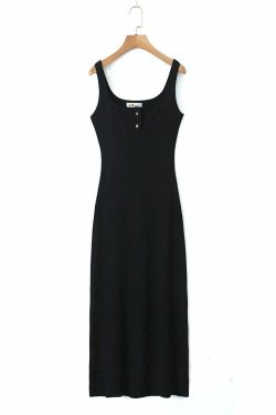 Y2K Square Collar Button-Down Knitted Dress, Slim Waist, French Wide Strap, Summer Grunge Outfit