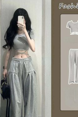 Y2K Summer 2 Piece Set: Crop Top & Loose Trousers - 90S Grunge, Retro, Pastel Goth, Korean