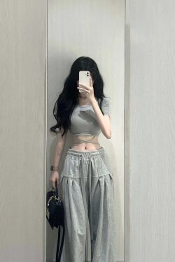 Y2K Summer 2 Piece Set: Crop Top & Loose Trousers - 90S Grunge, Retro, Pastel Goth, Korean