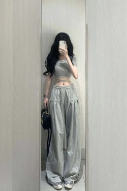 Y2K Summer 2 Piece Set: Crop Top & Loose Trousers - 90S Grunge, Retro, Pastel Goth, Korean