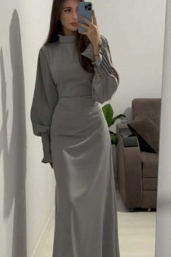 Y2K Summer Abaya Dress - Slim Fit Petal Sleeve Satin Robe, 90S Grunge Party Outfit, Dubai Style