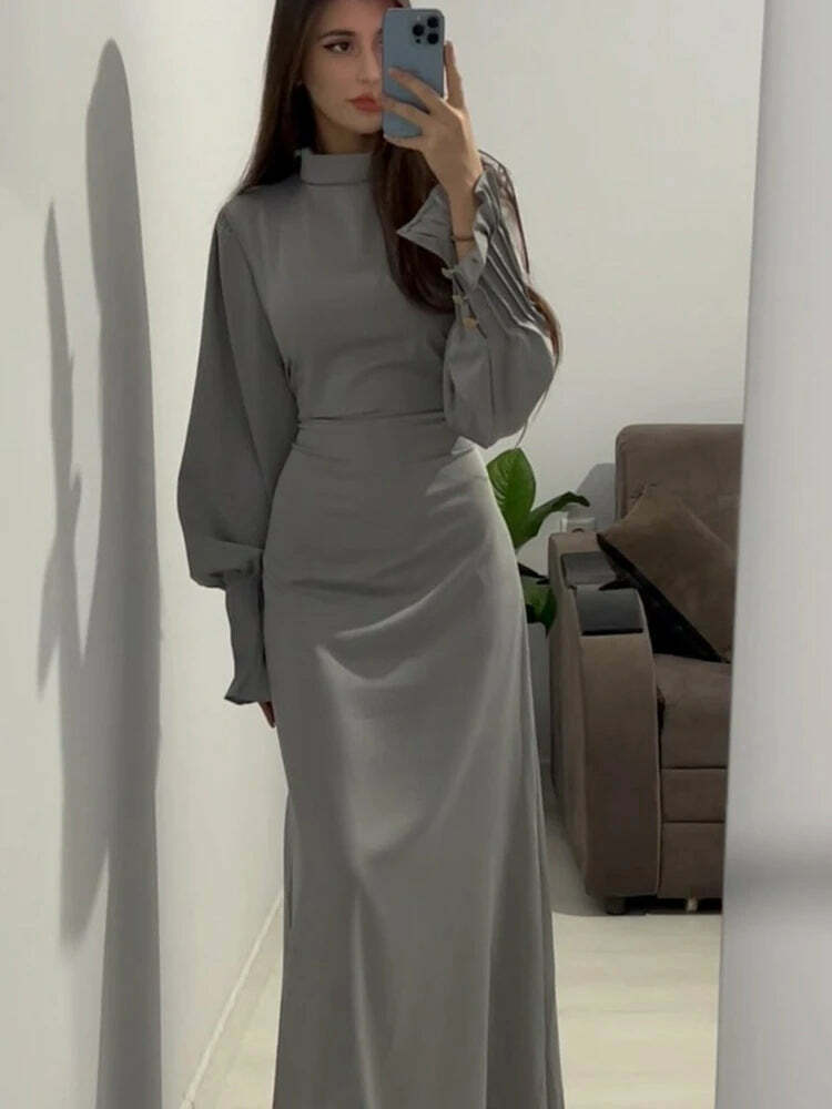 Y2K Summer Abaya Dress - Slim Fit Petal Sleeve Satin Robe, 90S Grunge Party Outfit, Dubai Style Y2K Summer Abaya Dress - Slim Fit Petal Sleeve Satin Robe, 90S Grunge Party Outfit, Dubai Style