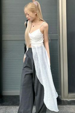 Y2K Summer Beach Dress - White Cross V-Neck Sleeveless Top, Spicy Girl Y2K Fashion Outfit