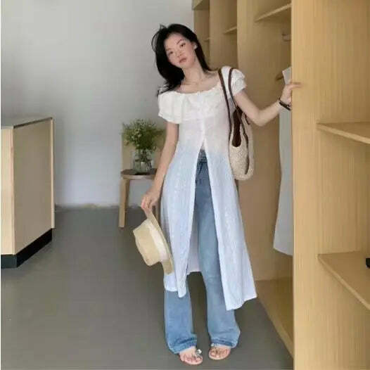 Y2K Summer Beach Dress - White Cross V-Neck Sleeveless Top, Spicy Girl Y2K Fashion Outfit