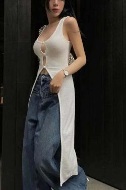 Y2K Summer Beach Dress - White Cross V-Neck Sleeveless Top, Spicy Girl Y2K Fashion Outfit