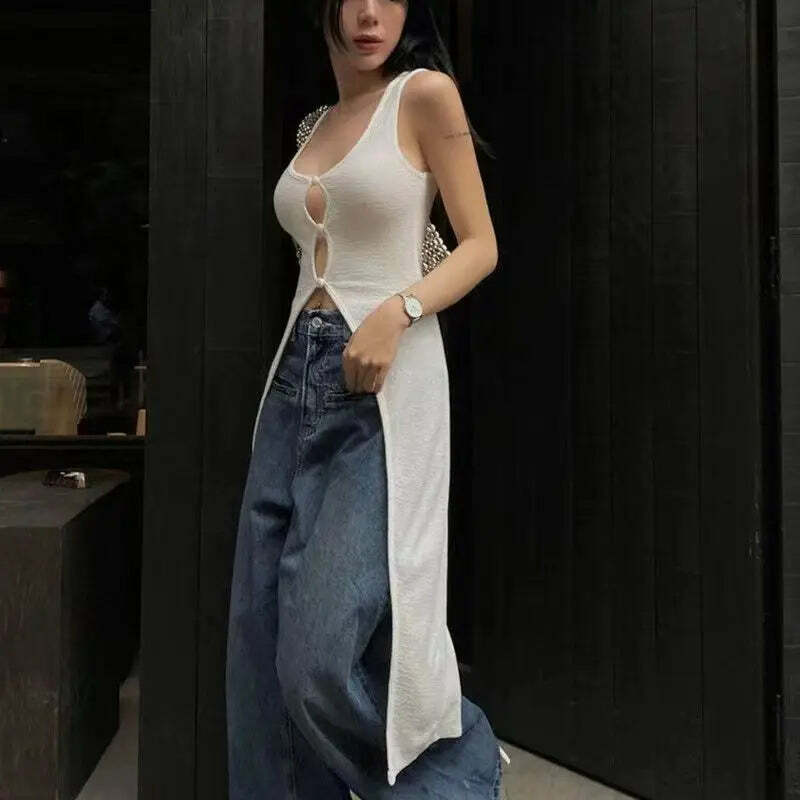 Y2K Summer Beach Dress - White Cross V-Neck Sleeveless Top, Spicy Girl Y2K Fashion Outfit