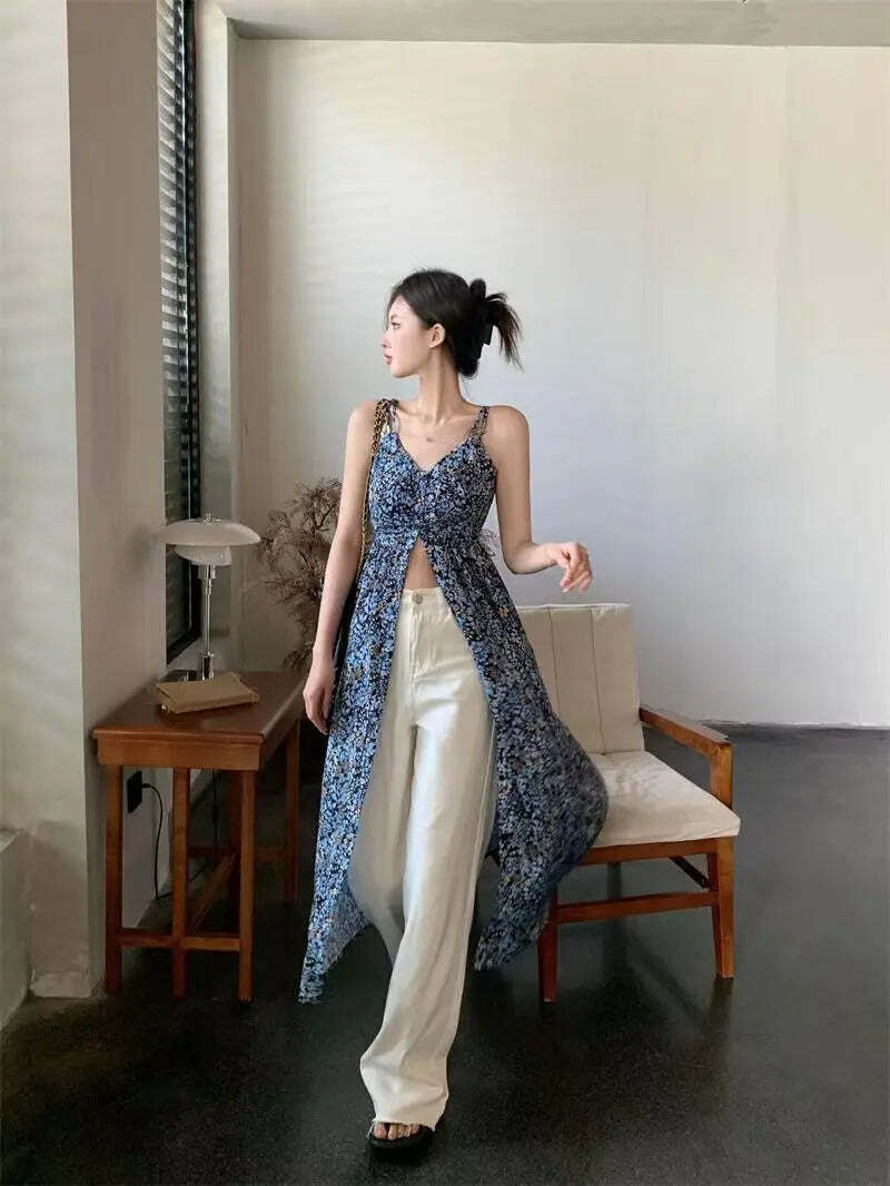 Y2K Summer Beach Dress - White Cross V-Neck Sleeveless Top, Spicy Girl Y2K Fashion Outfit