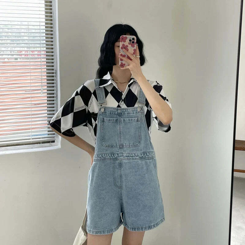Y2K Summer Blue Denim Shorts - Loose Wide Leg Korean Jumpsuit For Women, 90S Grunge Streetwear Y2K Summer Blue Denim Shorts - Loose Wide Leg Korean Jumpsuit For Women, 90S Grunge Streetwear