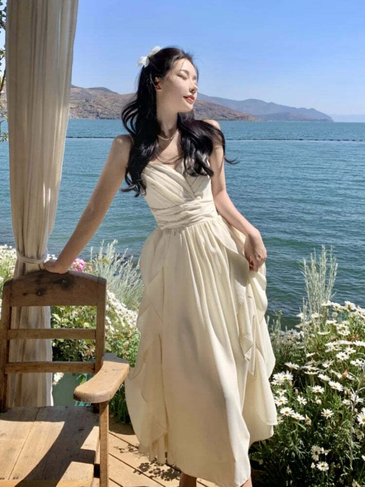 Y2K Summer Chic Spaghetti Strap Midi Dress - Elegant Ruffles, Retro 90S Grunge Party Outfit