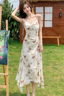 Y2K Summer Chiffon Bow Sling Dress - Elegant Ruffled Mermaid Bodycon Beach Outfit Women