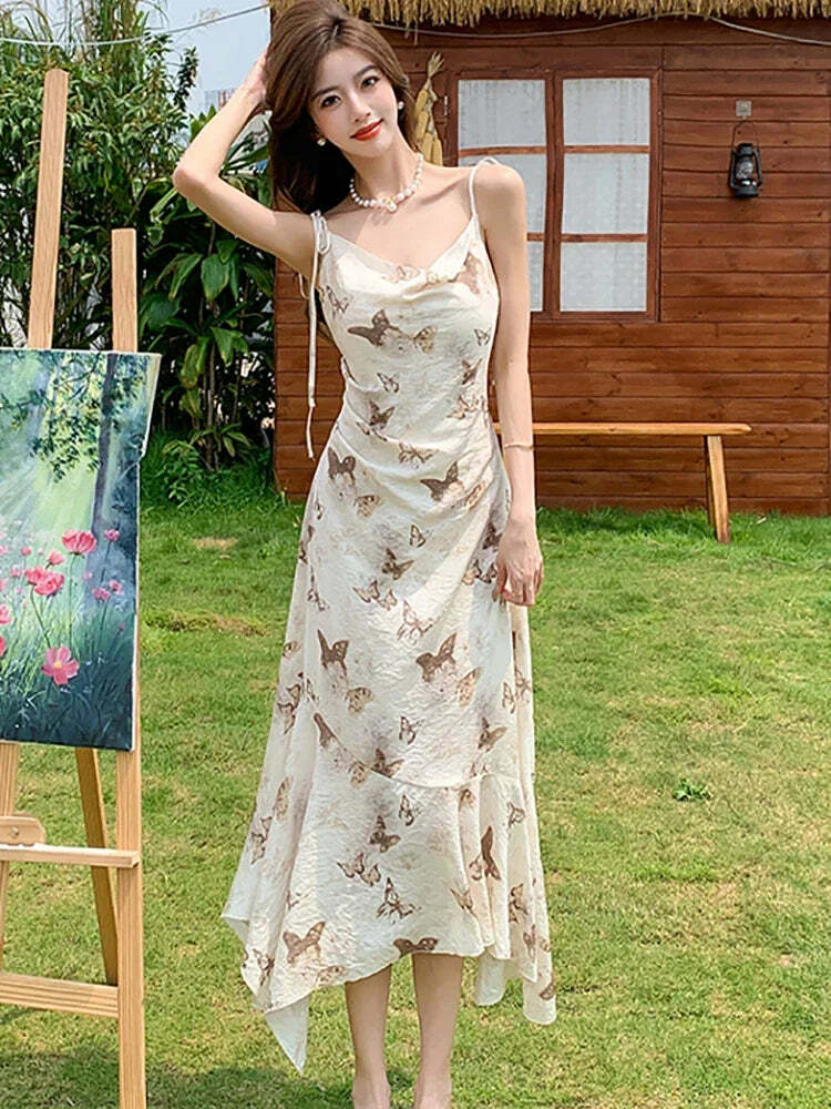 Y2K Summer Chiffon Bow Sling Dress - Elegant Ruffled Mermaid Bodycon Beach Outfit Women