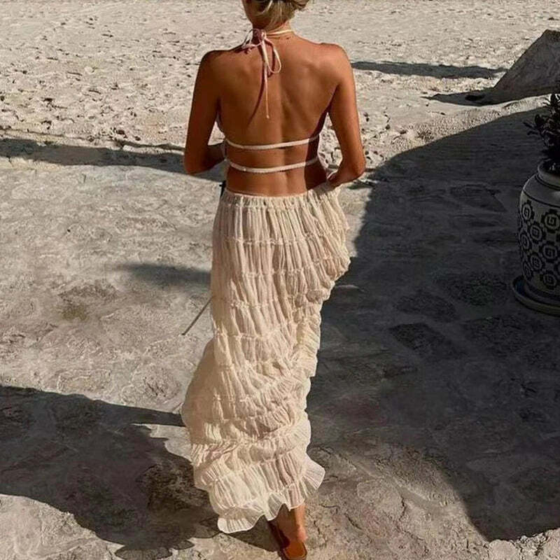 Y2K Summer Chiffon Pleated Set: Sexy Halter Backless Top & Lace-Up Skirt - Boho Beach Outfit
