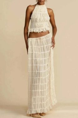 Y2K Summer Chiffon Pleated Set: Sexy Halter Backless Top & Lace-Up Skirt - Boho Beach Outfit
