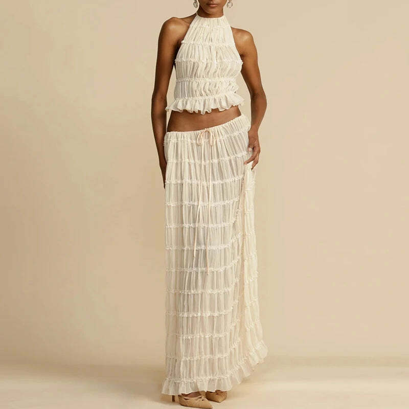 Y2K Summer Chiffon Pleated Set: Sexy Halter Backless Top & Lace-Up Skirt - Boho Beach Outfit Y2K Summer Chiffon Pleated Set: Sexy Halter Backless Top & Lace-Up Skirt - Boho Beach Outfit