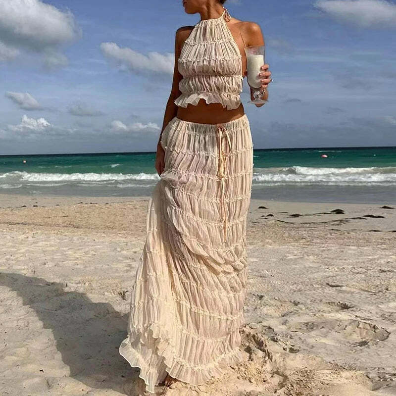 Y2K Summer Chiffon Pleated Set: Sexy Halter Backless Top & Lace-Up Skirt - Boho Beach Outfit