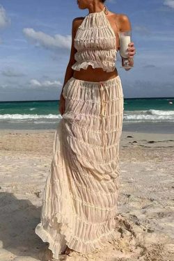Y2K Summer Chiffon Pleated Set: Sexy Halter Backless Top & Lace-Up Skirt - Boho Beach Outfit