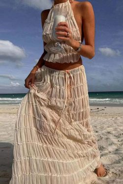 Y2K Summer Chiffon Pleated Set: Sexy Halter Backless Top & Lace-Up Skirt - Boho Beach Outfit