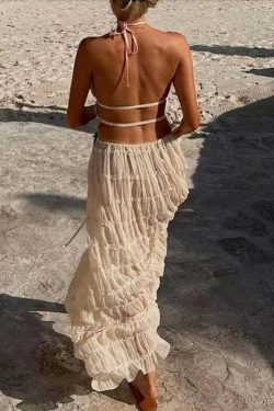Y2K Summer Chiffon Pleated Set: Sexy Halter Backless Top & Lace-Up Skirt - Boho Beach Outfit
