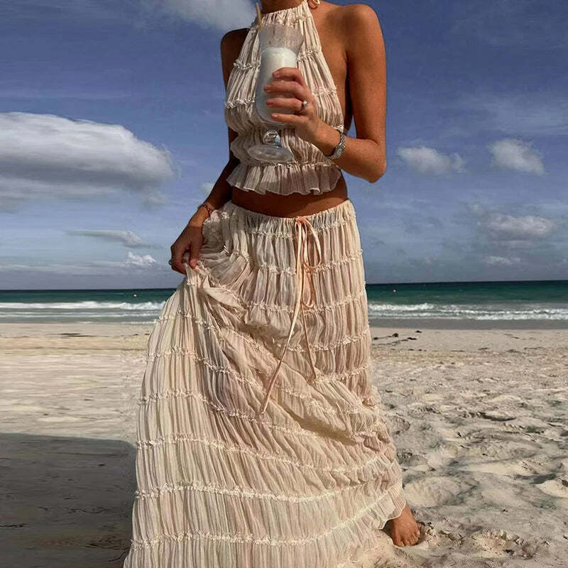 Y2K Summer Chiffon Pleated Set: Sexy Halter Backless Top & Lace-Up Skirt - Boho Beach Outfit