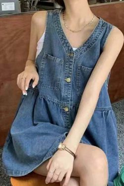 Y2K Summer Denim Mini Dress - Sleeveless, Single-Breasted, Pockets, Korean Style, Grunge Outfit