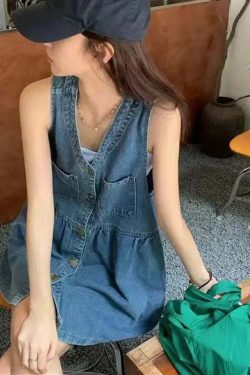 Y2K Summer Denim Mini Dress - Sleeveless, Single-Breasted, Pockets, Korean Style, Grunge Outfit