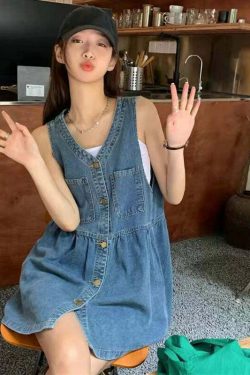 Y2K Summer Denim Mini Dress - Sleeveless, Single-Breasted, Pockets, Korean Style, Grunge Outfit